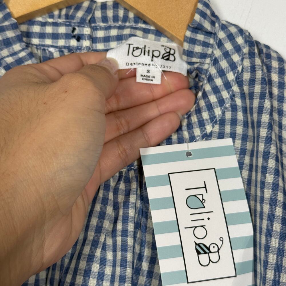 Tulip B Women’s Small Blue White Gingham Sleeveless Blouse Ruffle Mock Neck NWT - Picture 7 of 8
